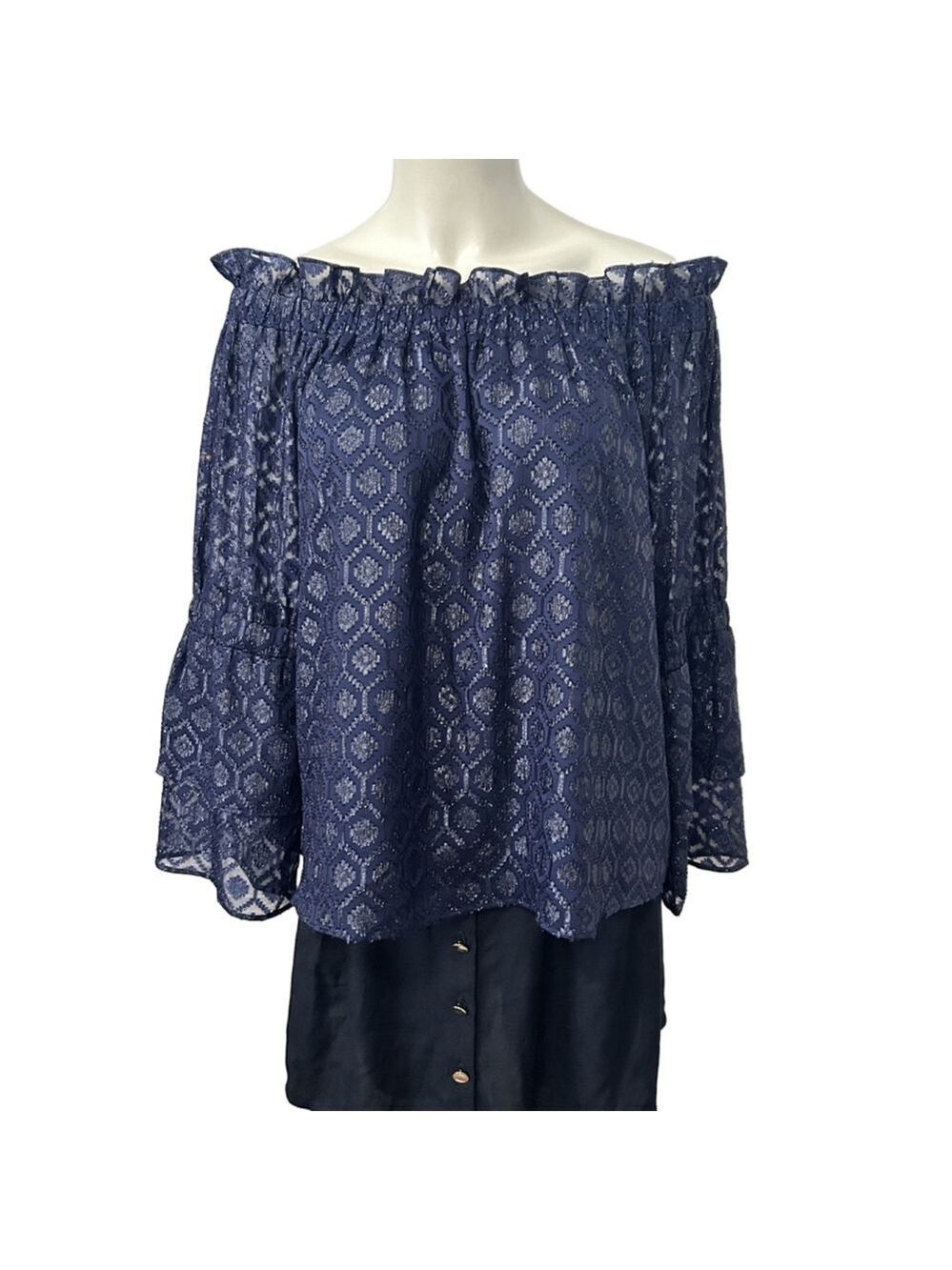Lucky Brand Off Shoulder Navy Silver Geometric Blouse Size L